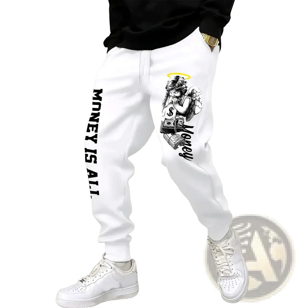Men’s white sweatpants featuring a black angel graphic and money is all text on the leg for casual wear