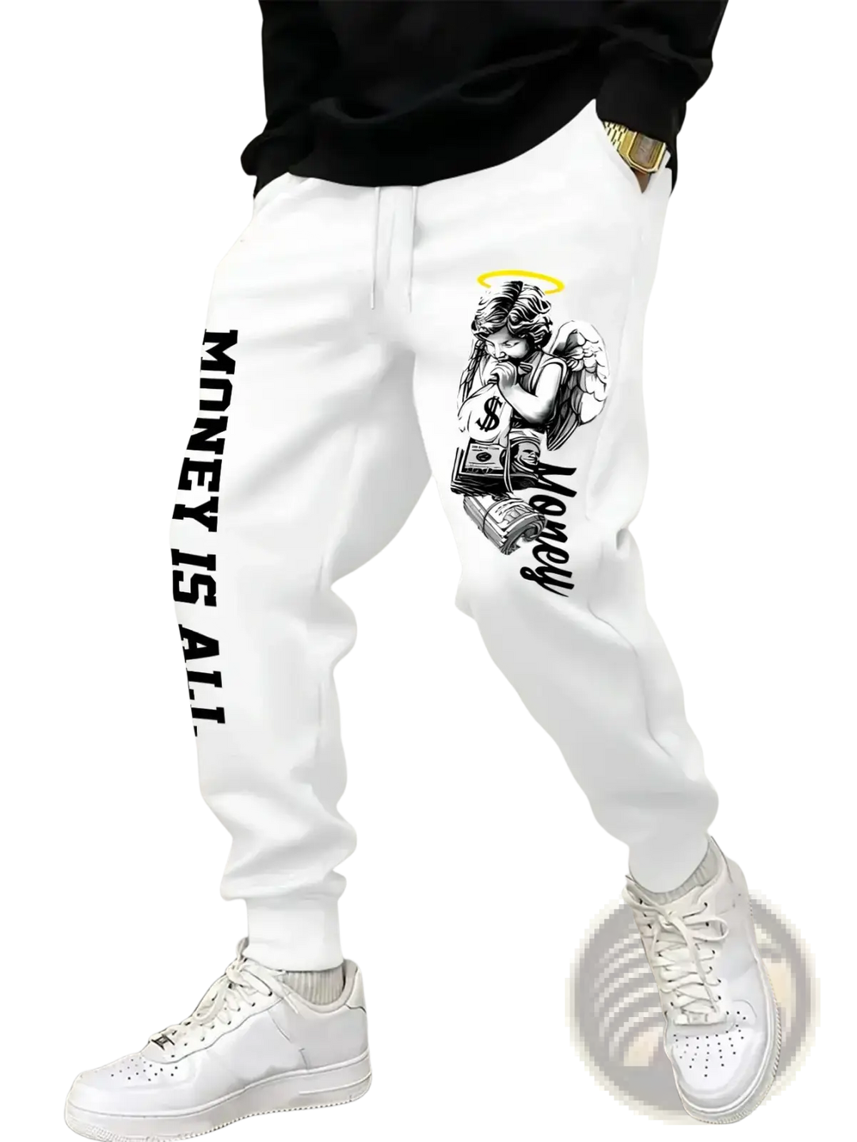 Men’s white angel graphic joggers sweatpants featuring a black angel holding money and vertical money is all text