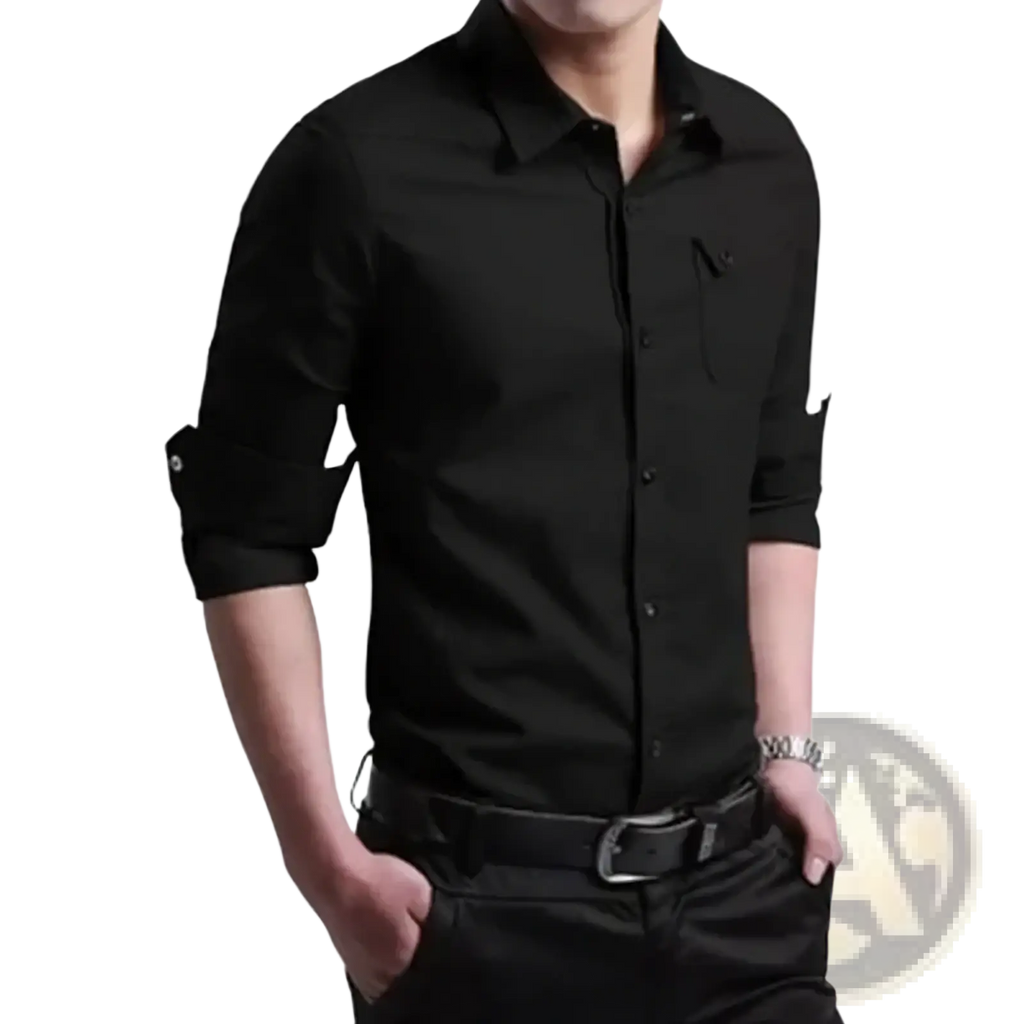 Mens army green business casual long sleeve shirt featuring black fabric, button-down design, chest pocket, and rolled cuffs
