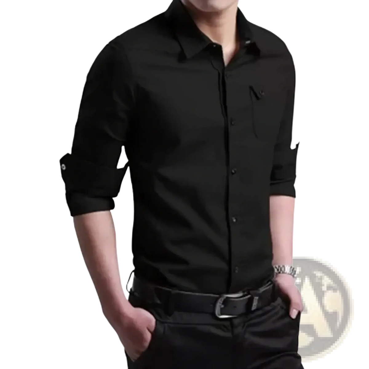 Mens army green business casual long sleeve shirt featuring black fabric, button-down design, chest pocket, and rolled cuffs