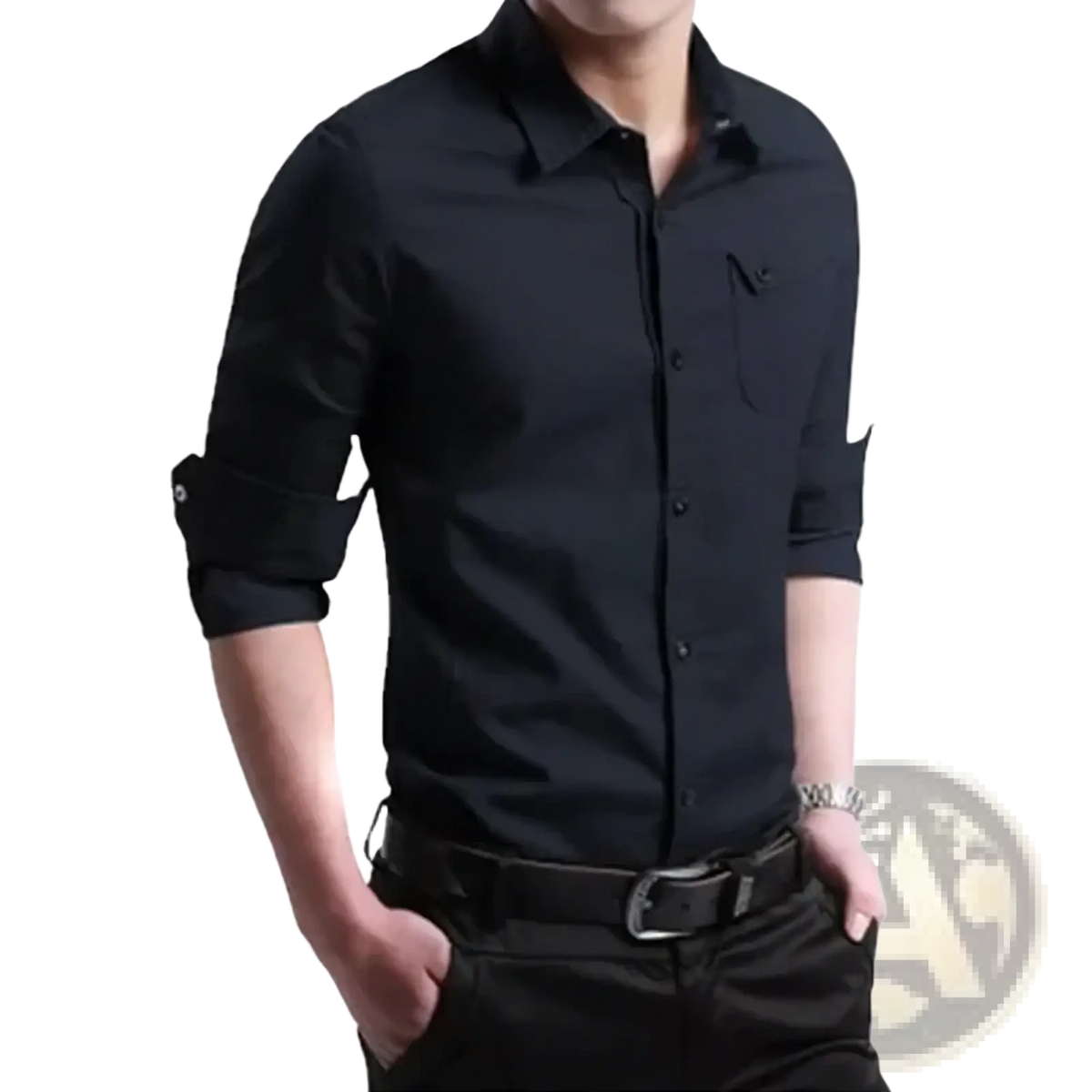Mens army green business casual long sleeve button-down shirt with chest pocket and rolled cuffs in black fabric