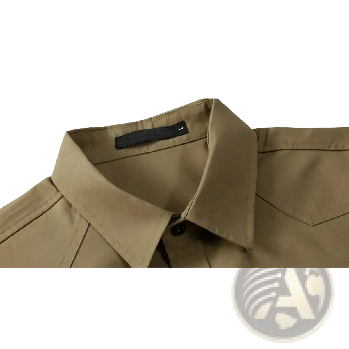 Mens army green business casual long sleeve shirt in khaki with structured collar and subtle stitching details