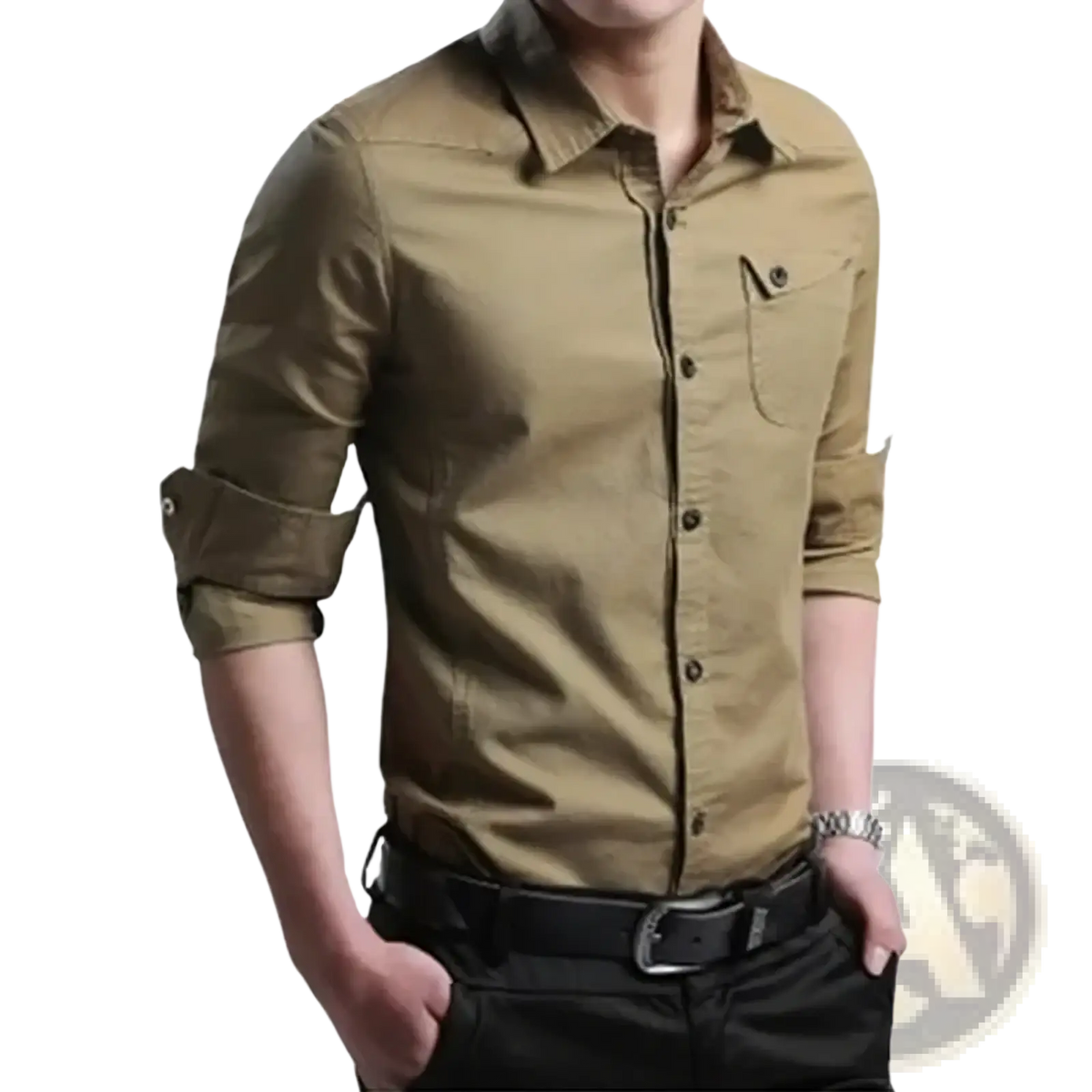 Mens army green business casual long sleeve khaki shirt with button-up front rolled cuffs and chest pocket