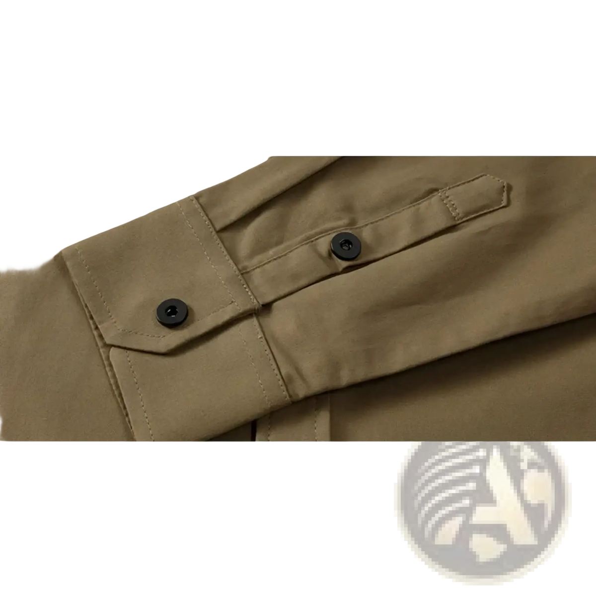 Mens army green business casual long sleeve shirt featuring a khaki cotton sleeve with black buttons and flap pocket
