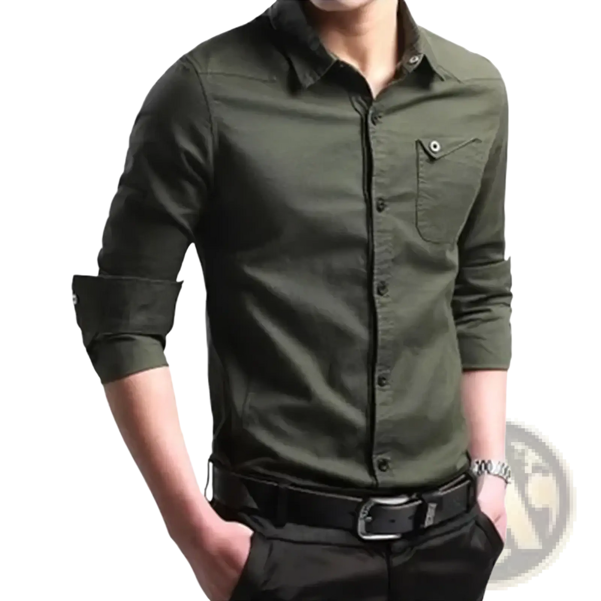 Olive green long sleeve button up shirt with rolled cuffs and chest pocket for mens business casual wear