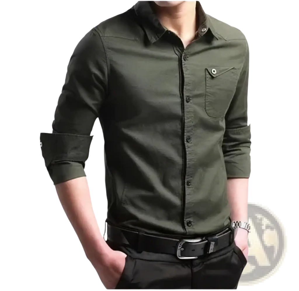 Mens army green business casual long sleeve shirt in olive green with button-up front rolled cuffs and chest pocket