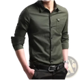 Mens army green business casual long sleeve shirt in olive green with button-up front rolled cuffs and chest pocket