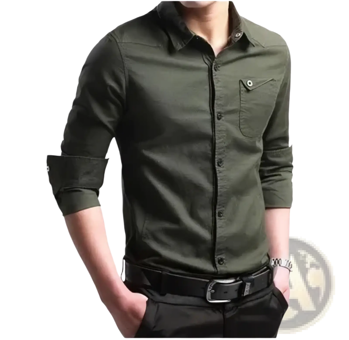 Mens army green business casual long sleeve shirt in olive green with button-up front rolled cuffs and chest pocket