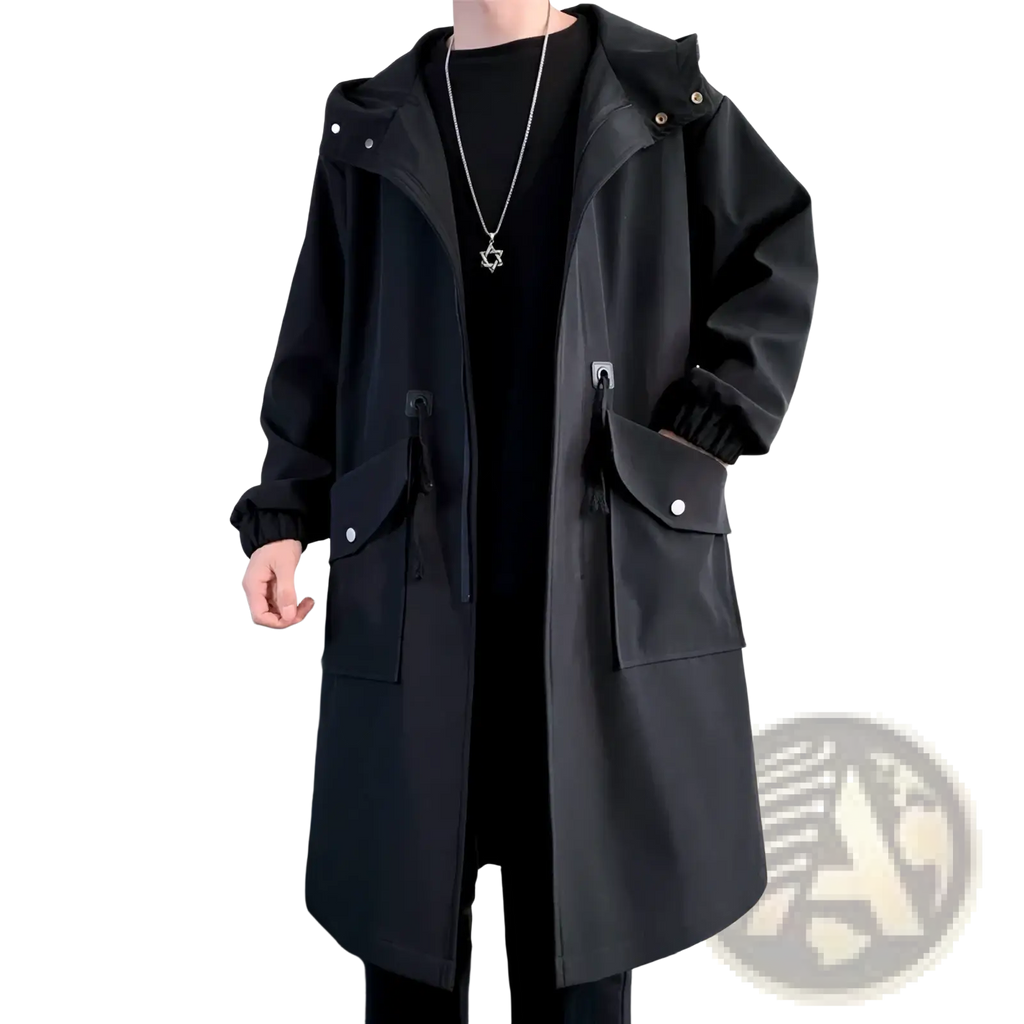 Mens army green hooded trench coat with black hood, adjustable drawstring cuffs, and buttoned front pockets