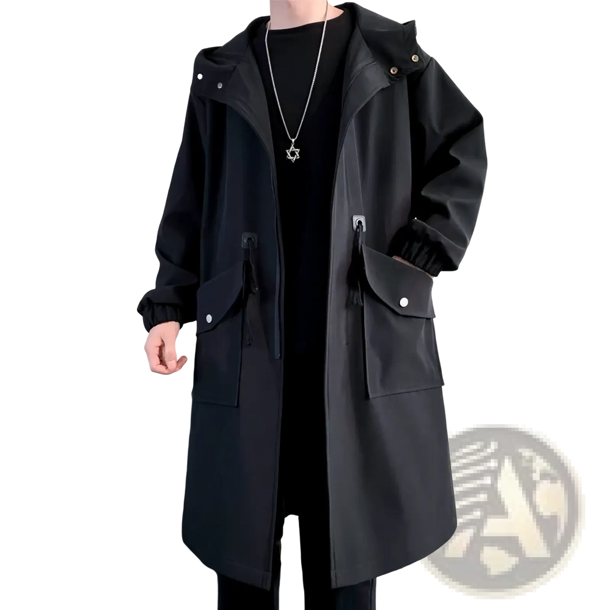 Mens army green hooded trench coat with black hood, adjustable drawstring cuffs, and buttoned front pockets