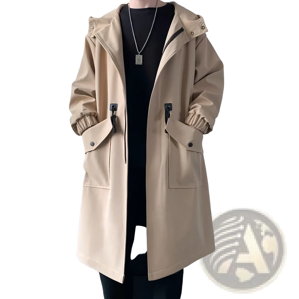 Mens army green hooded trench coat featuring beige material with drawstring cuffs and black zipper accents