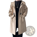 Mens army green hooded trench coat featuring beige material with drawstring cuffs and black zipper accents