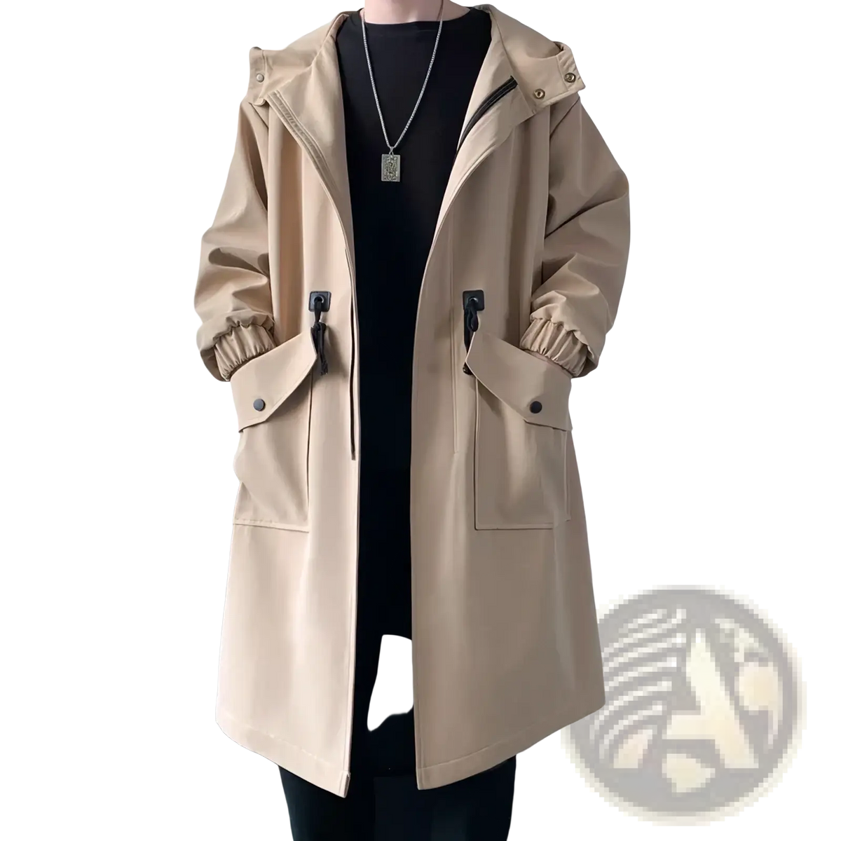 Mens army green hooded trench coat featuring beige material with drawstring cuffs and black zipper accents