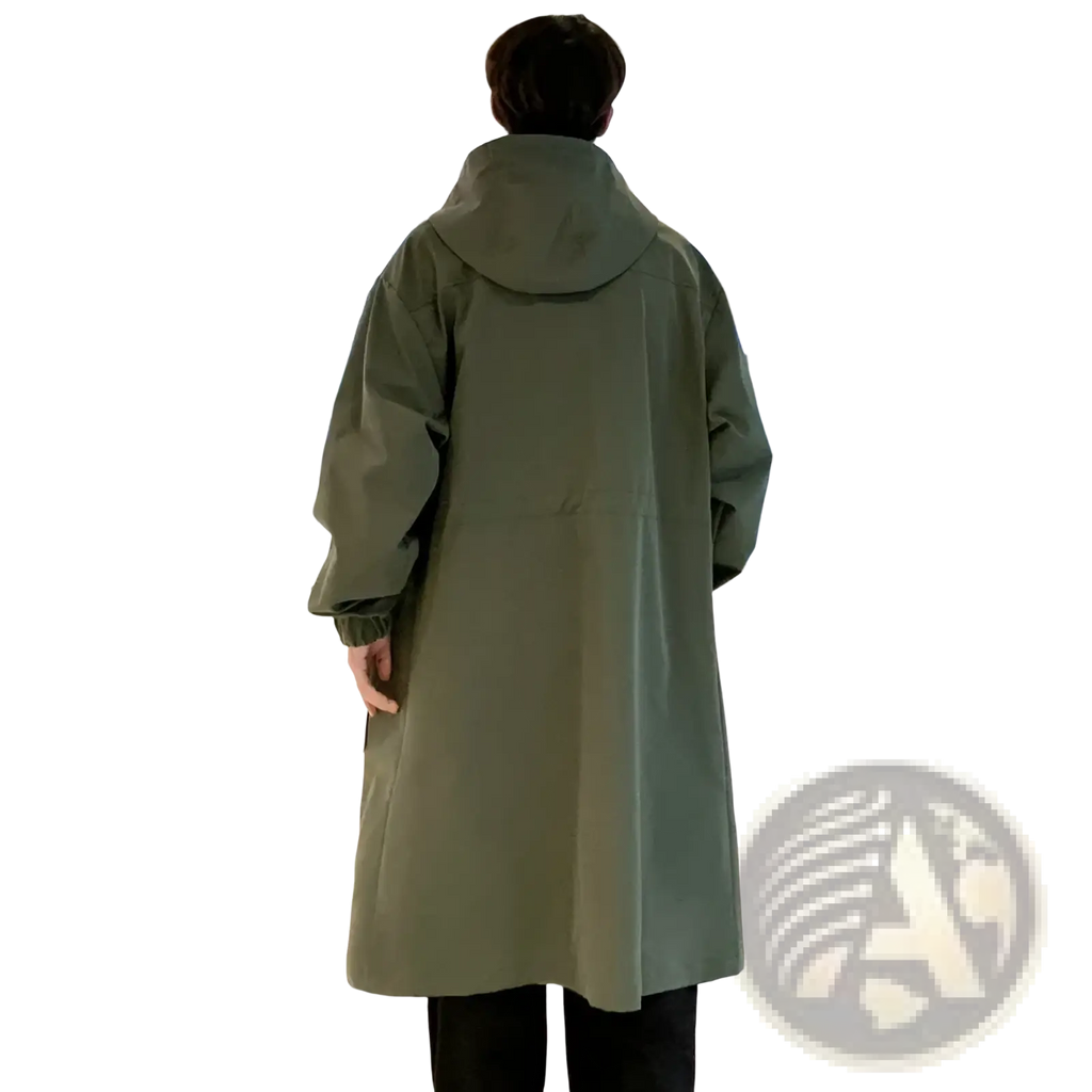 Mens army green hooded trench coat made of olive green fabric shown from the back with a practical hood design