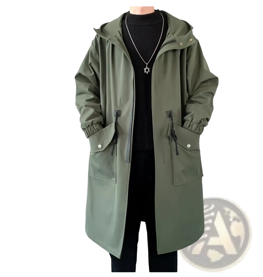 Mens army green hooded trench coat with drawstring pockets and elastic cuffs in olive green fabric