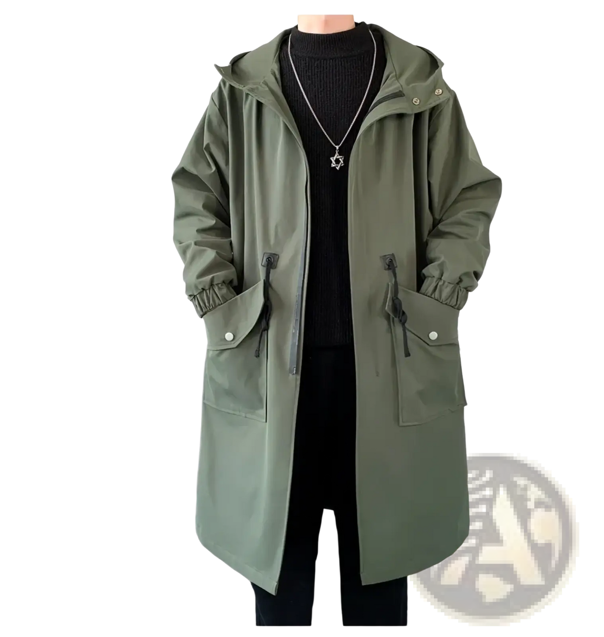 Mens army green hooded trench coat with drawstring pockets and elastic cuffs in olive green fabric