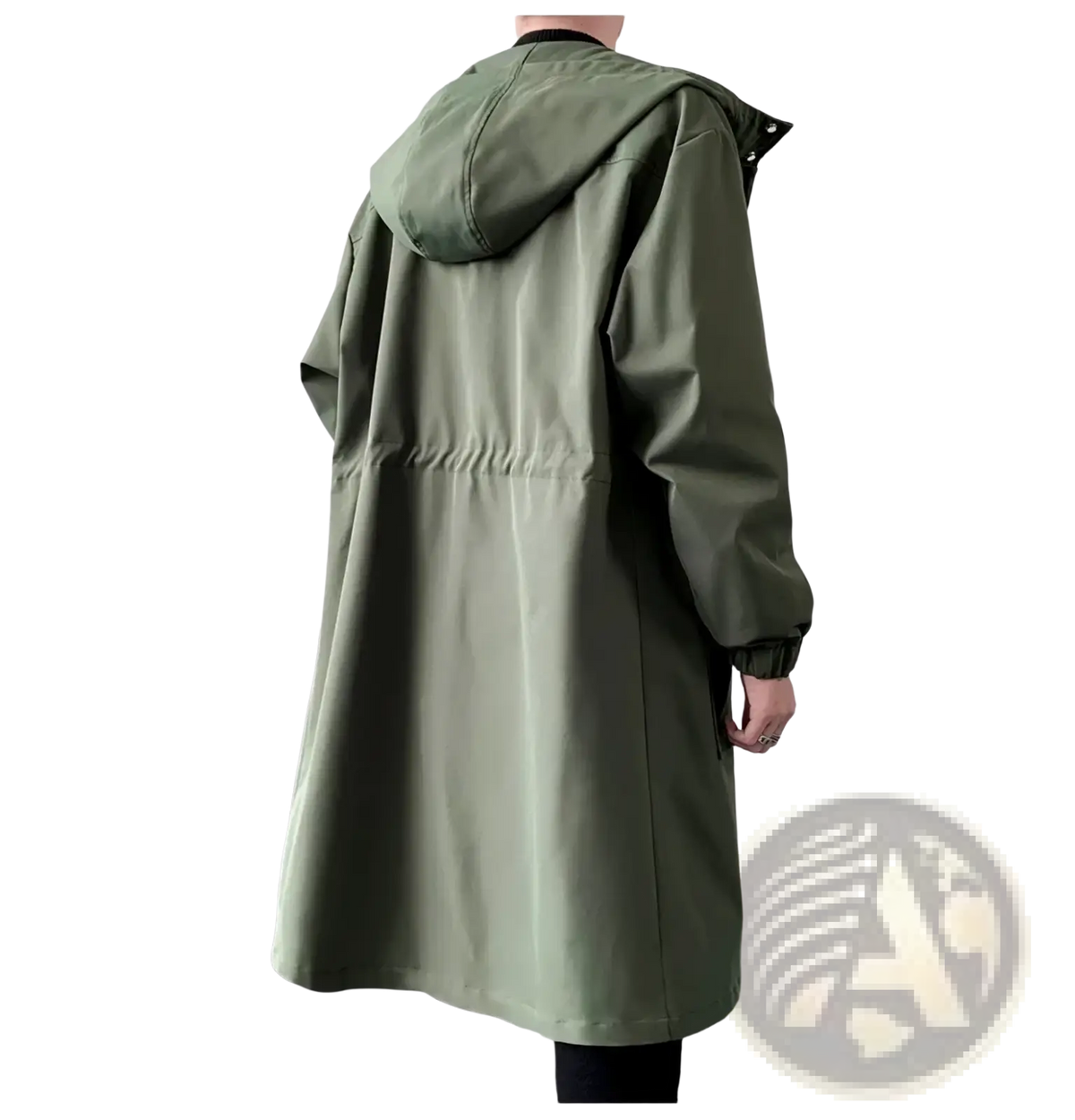 Mens army green hooded trench coat made of water-resistant fabric with an elasticized waistband shown from the back