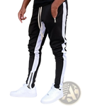 Men’s black athletic joggers with bold white side stripes and zipper cuffs designed for sports and casual wear