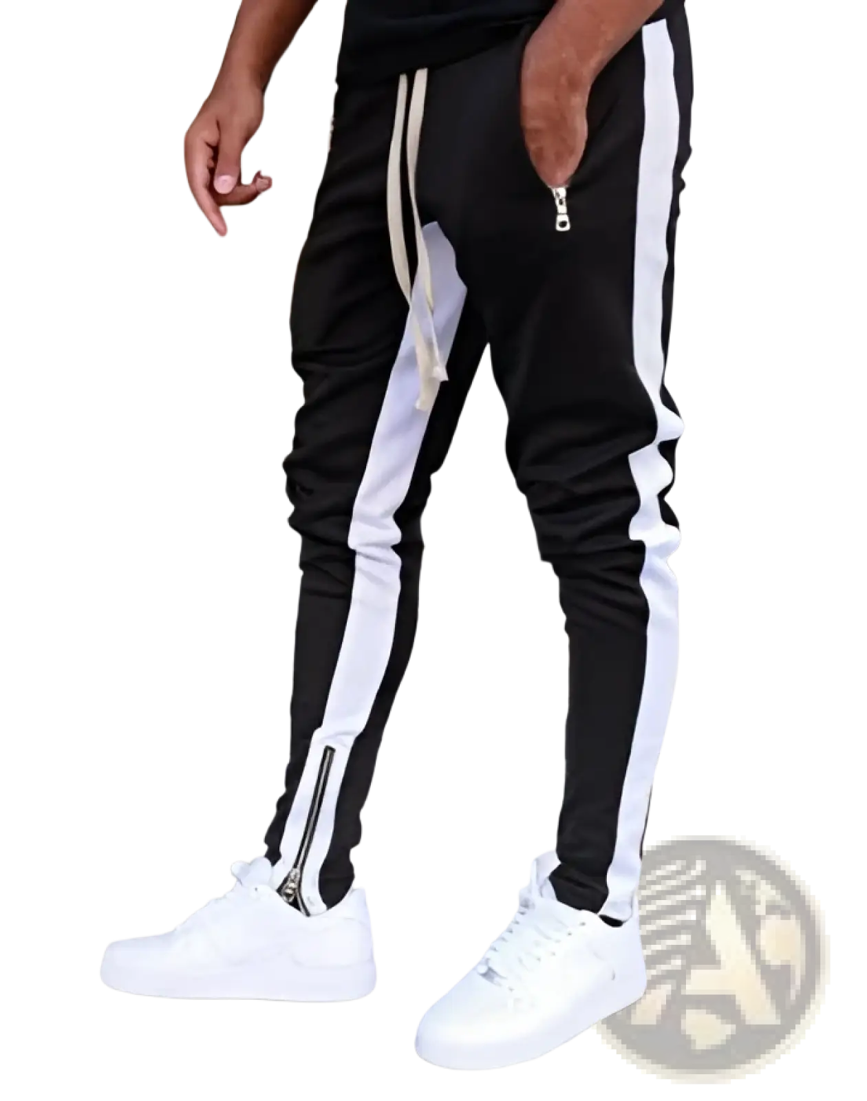 Men’s black athletic joggers with bold white side stripes and zipper cuffs designed for sports and casual wear