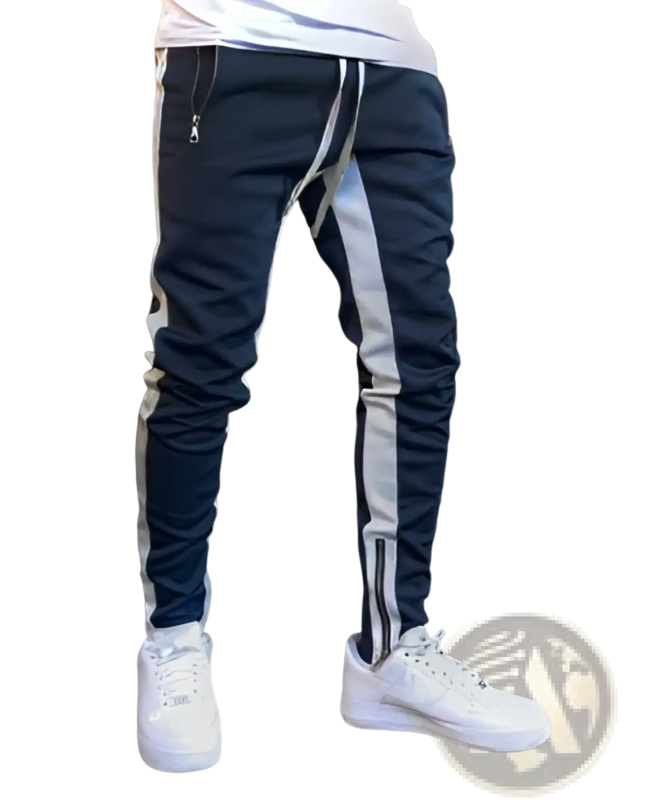 Men’s dark navy athletic joggers with white and black side stripes and zipper cuffs at the waistband