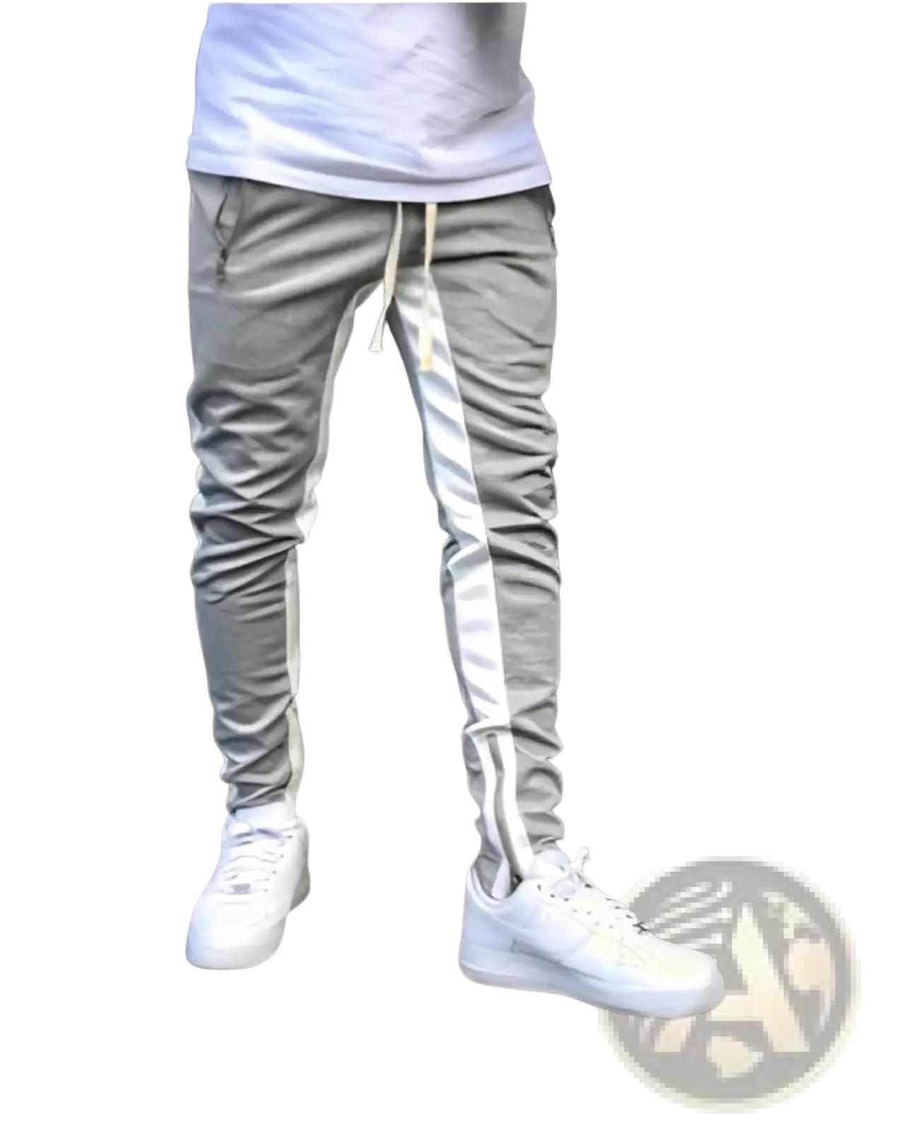 Men’s gray athletic joggers with white side stripes and drawstring waistband designed with zipper cuffs