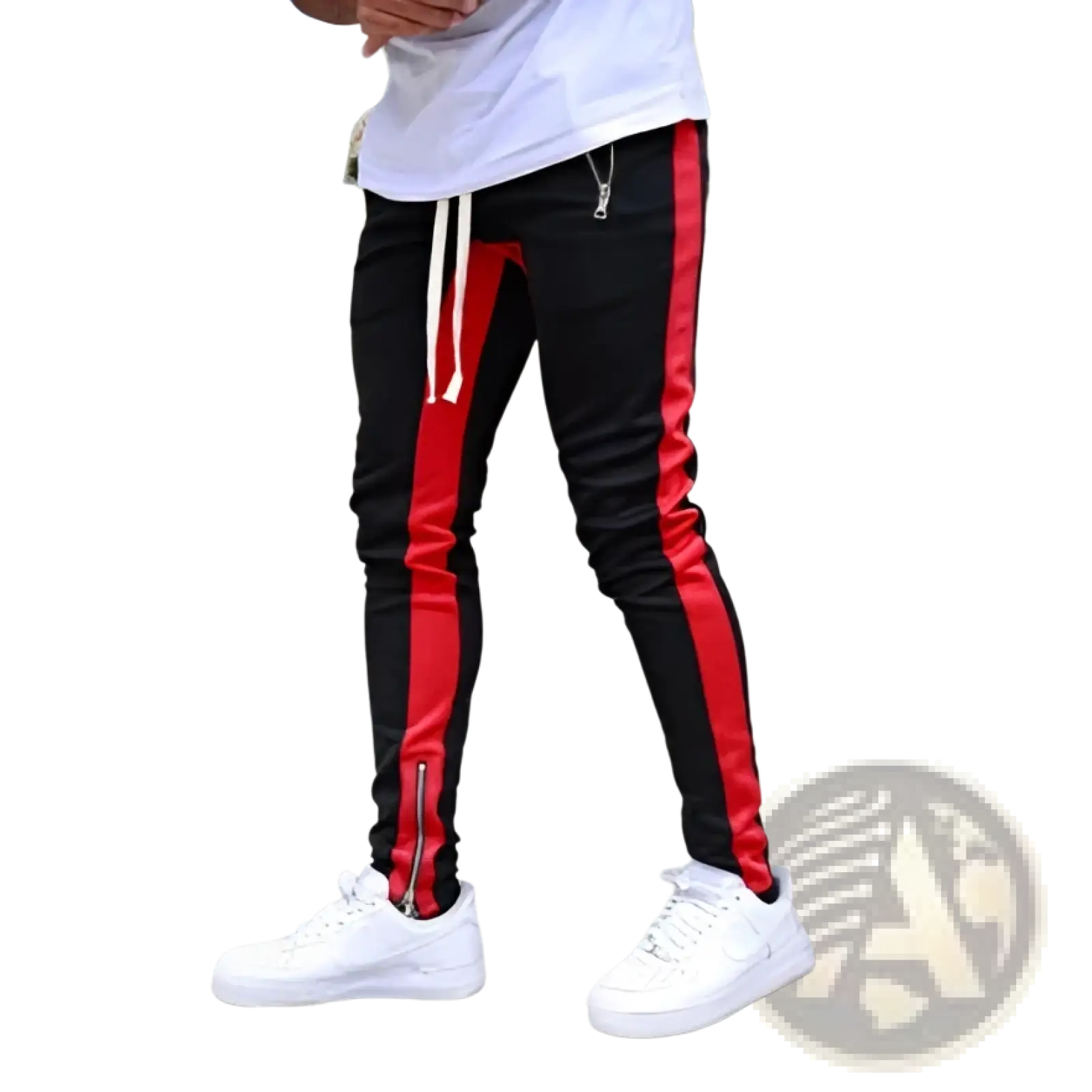 Men’s black athletic joggers with bold red side stripes and zipper cuffs designed for active wear