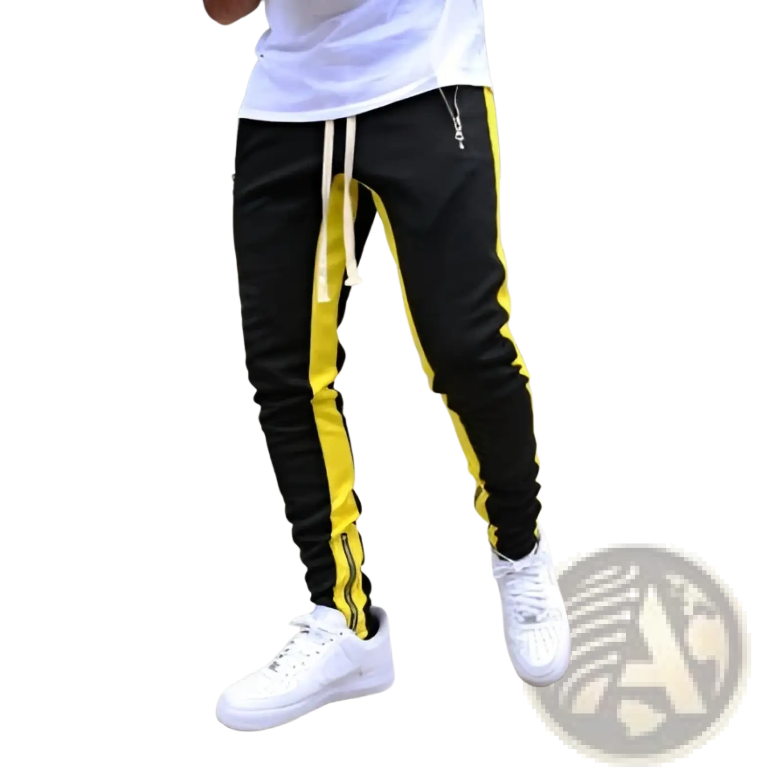Men’s black athletic joggers with bold yellow side stripes white drawstring and zipper cuffs for sportswear
