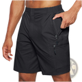 Men’s black athletic straight leg cargo shorts with multiple zippered pockets and an elastic waistband