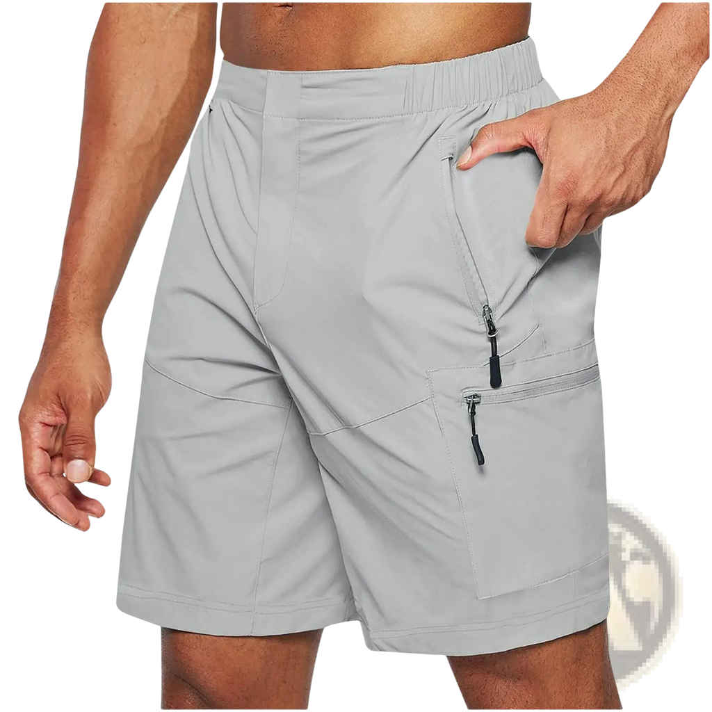Men’s athletic straight leg cargo shorts in light gray with multiple zippered pockets and an elastic waistband