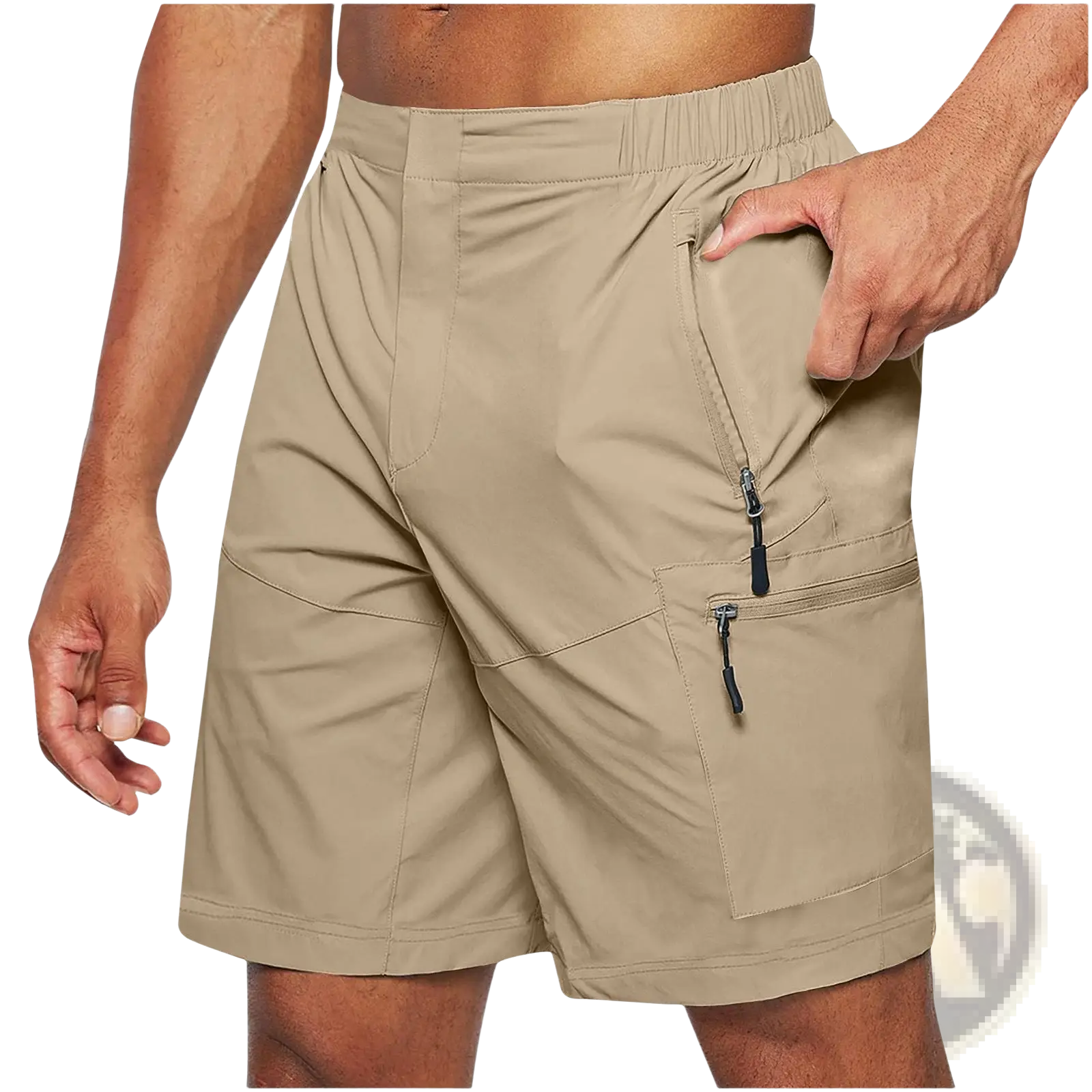 Men’s beige athletic straight leg cargo shorts with multiple zippered pockets and elastic waistband for active use