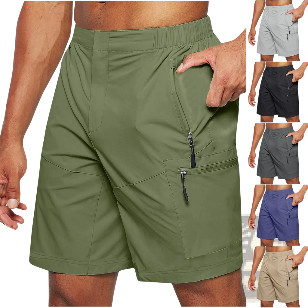 Men’s olive green athletic straight leg cargo shorts with multiple zippered pockets and elastic waistband