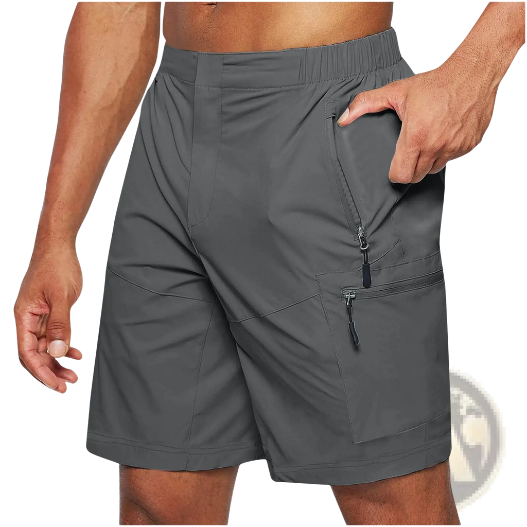 Men’s gray athletic straight leg cargo shorts with multiple zippered pockets and elastic waistband for active use