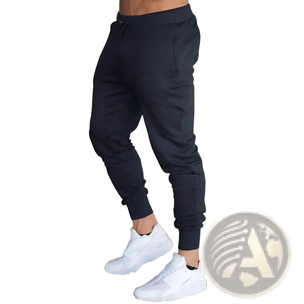 Men’s black athletic training jogger pants with elastic cuffs and side pockets for comfortable exercise