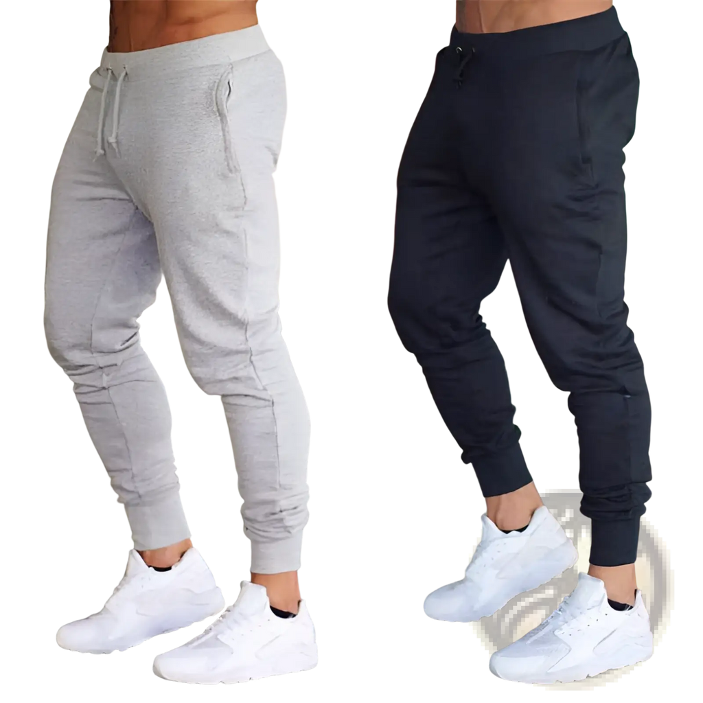 Men’s athletic training jogger pants in gray and black with drawstring waistband, elastic cuffs, and side pockets