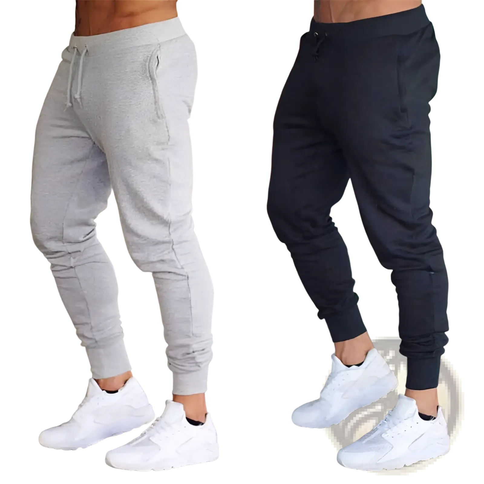 Men’s athletic training jogger pants in gray and black with drawstring waistband, elastic cuffs, and side pockets