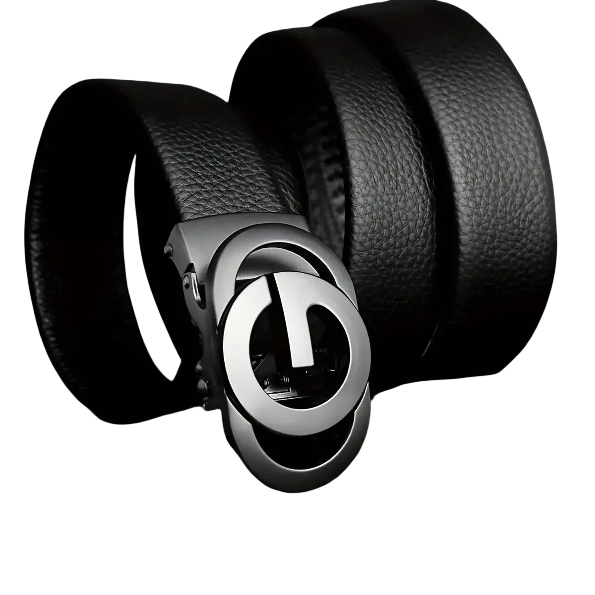 Mens automatic buckle leather belt in black with a silver-toned oval automatic buckle and minimalist logo