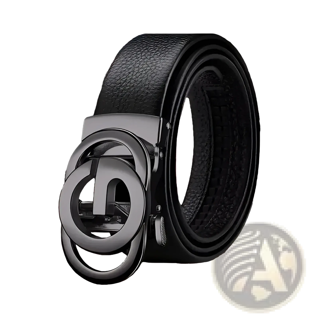 Mens automatic buckle leather belt with black leather strap and matte metal interlocking circular buckle design