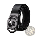 Mens automatic buckle leather belt with black leather strap and matte metal interlocking circular buckle design