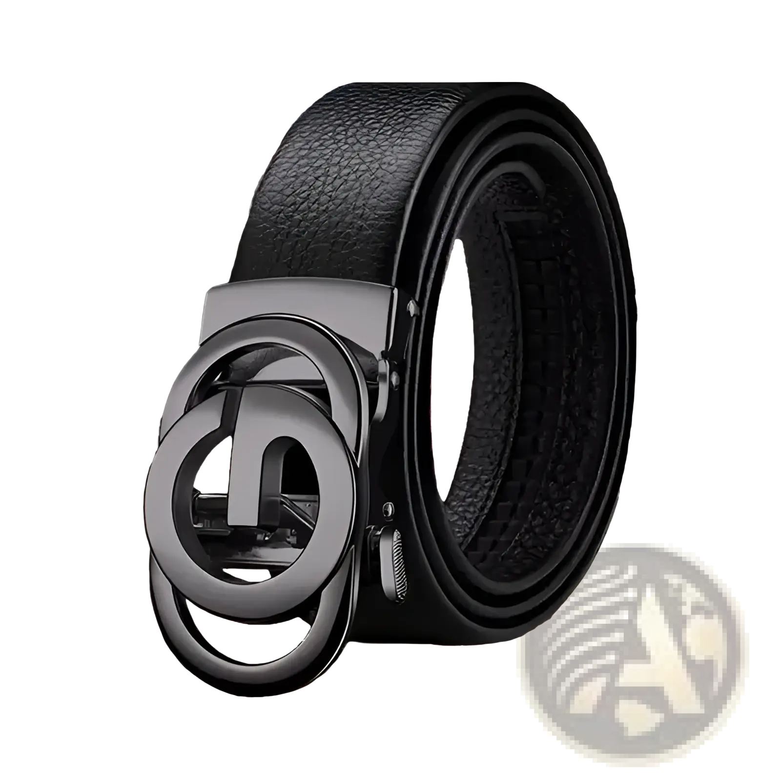 Mens automatic buckle leather belt with black leather strap and matte metal interlocking circular buckle design