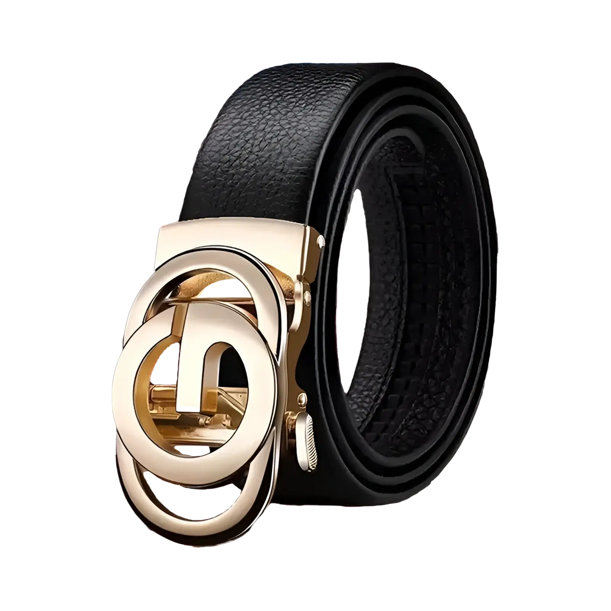 Black leather belt for men with gold-toned automatic buckle featuring interlocking circular design