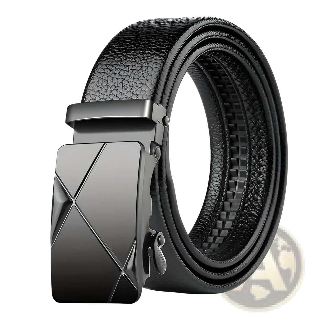 Men’s black leather automatic buckle belt with sleek matte-finished metal buckle featuring angular geometric design
