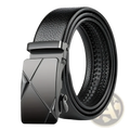 Men’s black leather automatic buckle belt with sleek matte-finished metal buckle featuring angular geometric design