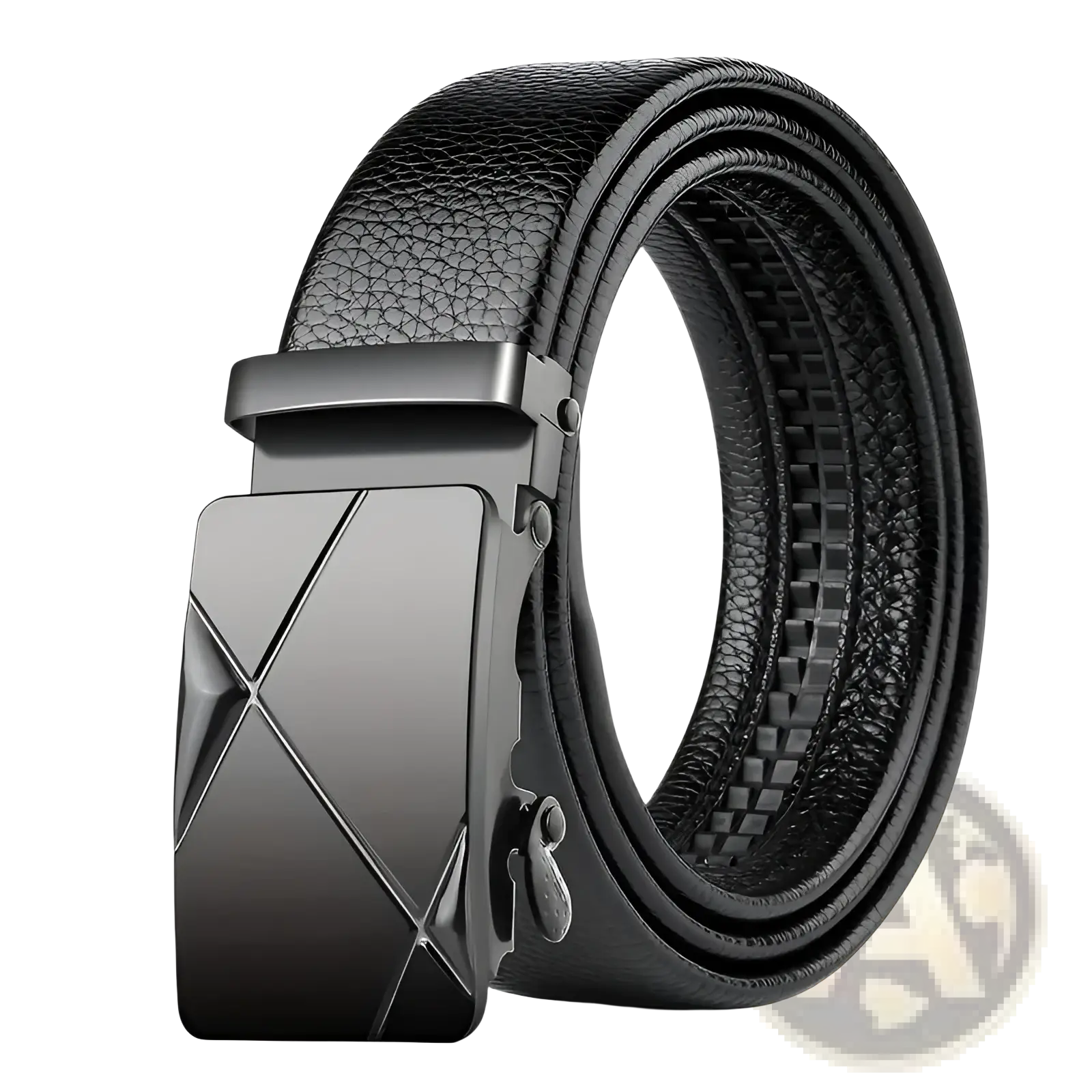 Men’s black leather automatic buckle belt with sleek matte-finished metal buckle featuring angular geometric design