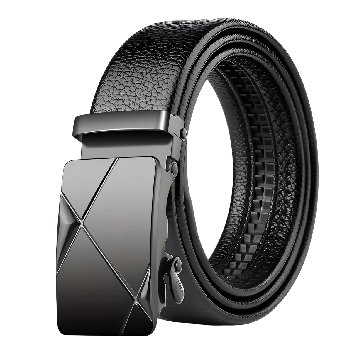 Men’s black leather belt with automatic buckle featuring a sleek matte-finished angular geometric metal design