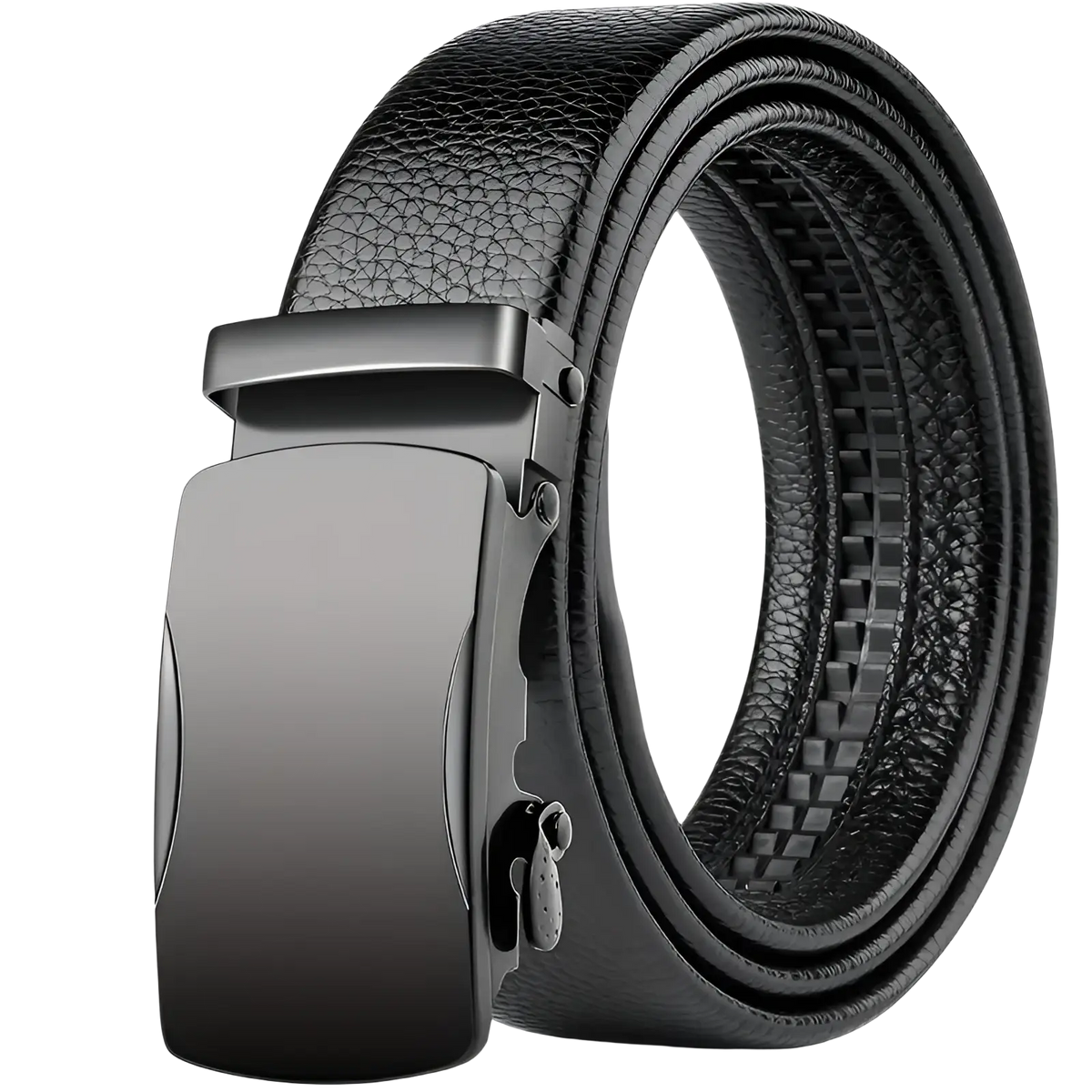 Men’s automatic buckle leather belt in black with a matte black automatic buckle and genuine leather material