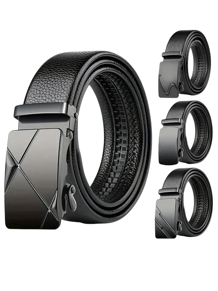 Men’s black leather belt with automatic buckle featuring sleek matte-finish metal and angular geometric design