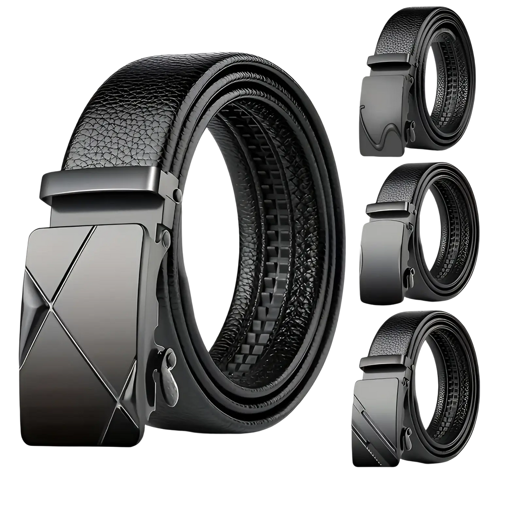 Men’s automatic buckle leather belt in black with a sleek matte-finish metal buckle and angular geometric design