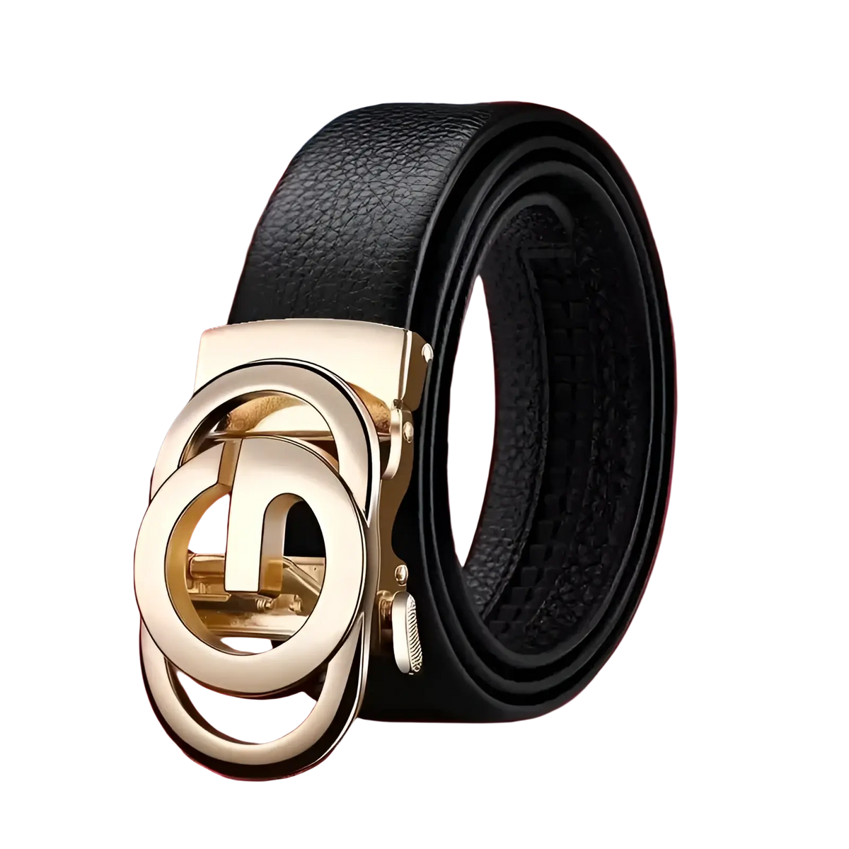 Black leather mens automatic buckle belt with gold-toned interlocking circular design on the buckle