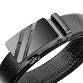 Men’s automatic buckle leather belt in black with a sleek matte-finished angular metal buckle and subtle texturing