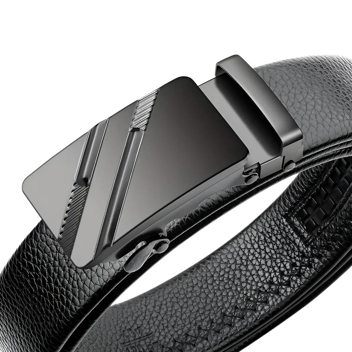 Men’s automatic buckle leather belt in black with a sleek matte-finished angular metal buckle and subtle texturing